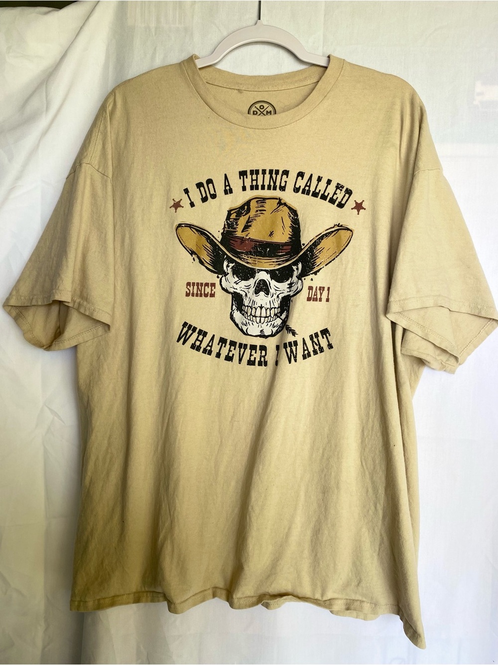 DOM Graphic Crew Neck Short Sleeve Beige Men's T-Shirt 2XL Skull Cowboy Cotton